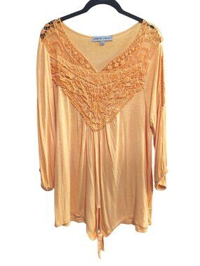 Absolutely Famous Size Large Yellow Lace Tunic Top Front Tie 1/2 Sleeve